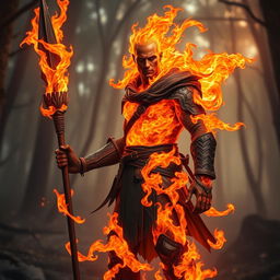 A male humanoid fire elemental druid, his entire body composed of swirling flames, stands dramatically with a blackened wooden spear in one hand and a small mote of fire glowing brightly in the other