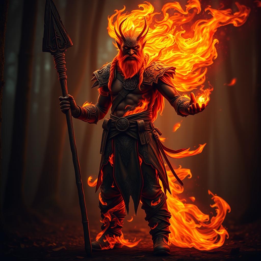 A male humanoid fire elemental druid, his entire body composed of swirling flames, stands dramatically with a blackened wooden spear in one hand and a small mote of fire glowing brightly in the other