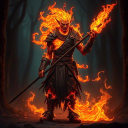 A male humanoid fire elemental druid, his entire body composed of swirling flames, stands dramatically with a blackened wooden spear in one hand and a small mote of fire glowing brightly in the other