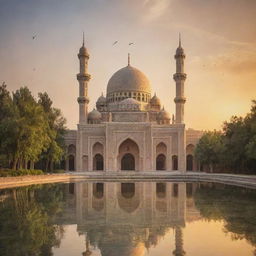 A stunning mosque with architectural elements inspired by nature; featuring motifs of trees, water, and wildlife with a skyline dominated by the setting sun.