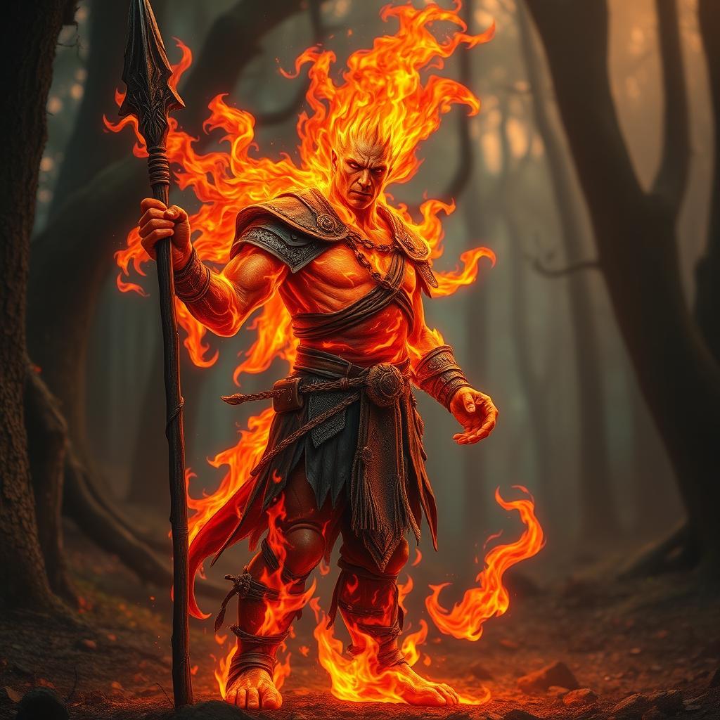 A male humanoid fire elemental druid, his entire body composed of vibrant, swirling flames, stands powerfully with a blackened wooden spear in one hand and a small mote of fire illuminating the other