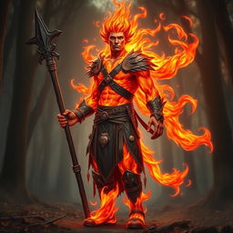 A male humanoid fire elemental druid, his entire body composed of vibrant, swirling flames, stands powerfully with a blackened wooden spear in one hand and a small mote of fire illuminating the other