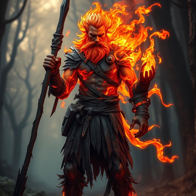 A male humanoid fire elemental druid, his entire body composed of vibrant, swirling flames, stands powerfully with a blackened wooden spear in one hand and a small mote of fire illuminating the other