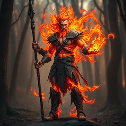 A male humanoid fire elemental druid, his entire body composed of vibrant, swirling flames, stands powerfully with a blackened wooden spear in one hand and a small mote of fire illuminating the other