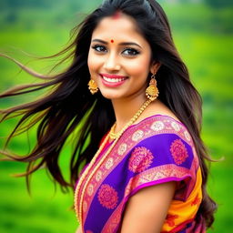 A portrait of a beautiful Indian woman with long flowing hair, showcasing her rich cultural attire