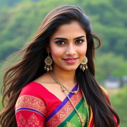 A portrait of a beautiful Indian woman with long flowing hair, showcasing her rich cultural attire