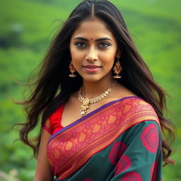 A portrait of a beautiful Indian woman with long flowing hair, showcasing her rich cultural attire