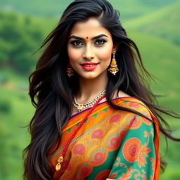 A portrait of a beautiful Indian woman with long flowing hair, showcasing her rich cultural attire