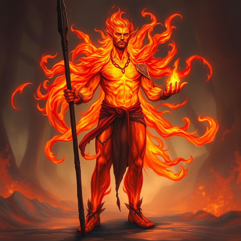 A male humanoid fire elemental druid, characterized by a body composed entirely of vibrant, flickering flames, stands imposingly