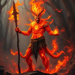 A male humanoid fire elemental druid, characterized by a body composed entirely of vibrant, flickering flames, stands imposingly