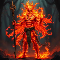 A male humanoid fire elemental druid, characterized by a body composed entirely of vibrant, flickering flames, stands imposingly