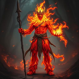 A male humanoid fire elemental druid, characterized by a body composed entirely of vibrant, flickering flames, stands imposingly