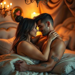 An intimate and artistic depiction of a couple engaged in a sensual moment, emphasizing their connection and emotional intimacy