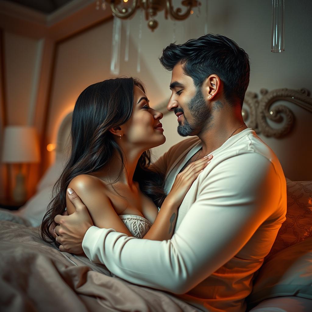 An intimate and artistic depiction of a couple engaged in a sensual moment, emphasizing their connection and emotional intimacy