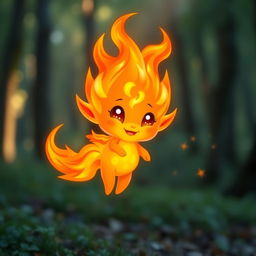 A cute elemental flame spirit, resembling a small, whimsical creature made entirely of vibrant flames