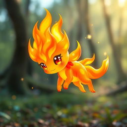 A cute elemental flame spirit, resembling a small, whimsical creature made entirely of vibrant flames