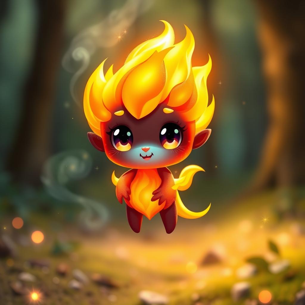 A cute elemental flame spirit, resembling a small, whimsical creature made entirely of vibrant flames