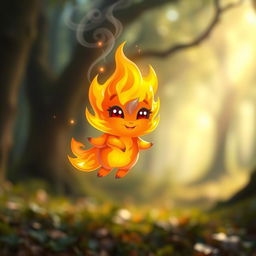 A cute elemental flame spirit, resembling a small, whimsical creature made entirely of vibrant flames