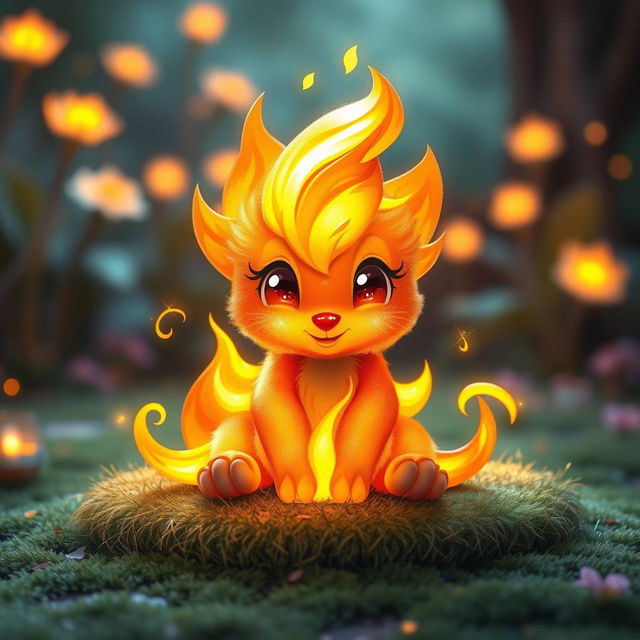 An adorable elemental flame pet, resembling a small, furry creature made entirely of swirling flames