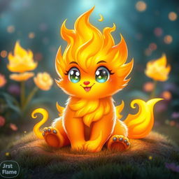 An adorable elemental flame pet, resembling a small, furry creature made entirely of swirling flames