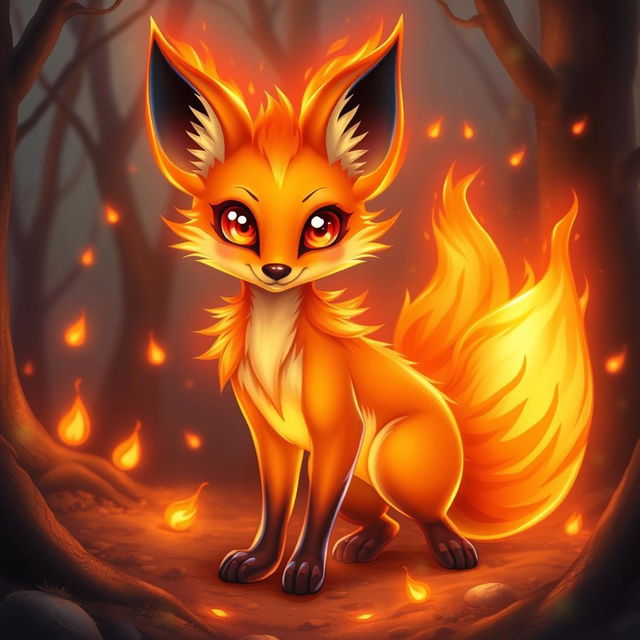 A charming fire spirit fox, with a sleek body engulfed in vibrant flames that flicker and dance around it