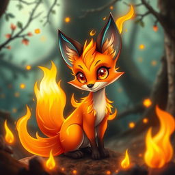 A charming fire spirit fox, with a sleek body engulfed in vibrant flames that flicker and dance around it