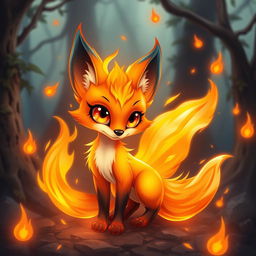 A charming fire spirit fox, with a sleek body engulfed in vibrant flames that flicker and dance around it