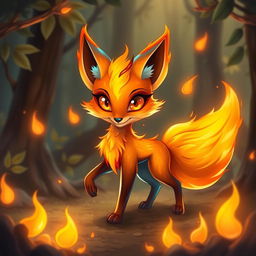 A charming fire spirit fox, with a sleek body engulfed in vibrant flames that flicker and dance around it