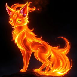 An elemental flame in the shape of a fox, with its body composed of vibrant, swirling fire