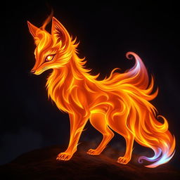 An elemental flame in the shape of a fox, with its body composed of vibrant, swirling fire