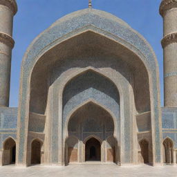 An intricately designed Iranian mosque with traditional architecture, including a magnificent dome, slender minarets and exquisite tilework