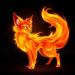 An elemental flame in the shape of a fox, with its body composed of vibrant, swirling fire