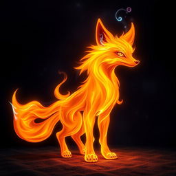 An elemental flame in the shape of a fox, with its body composed of vibrant, swirling fire