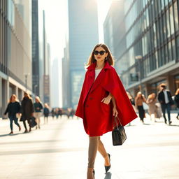 A fashionable woman wearing a stylish cape coat, walking confidently down a modern city street