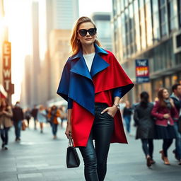 A fashionable woman wearing a stylish cape coat, walking confidently down a modern city street