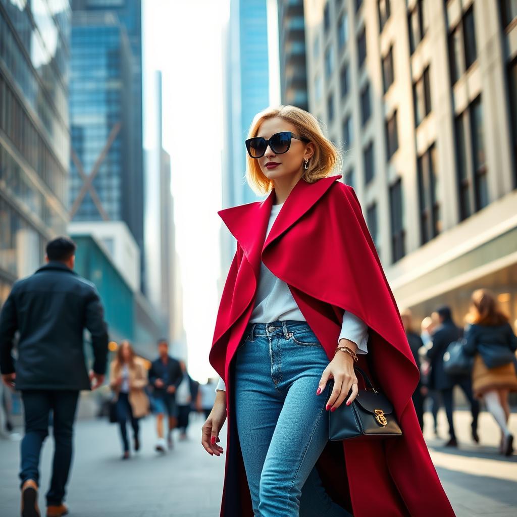 A fashionable woman wearing a stylish cape coat, walking confidently down a modern city street