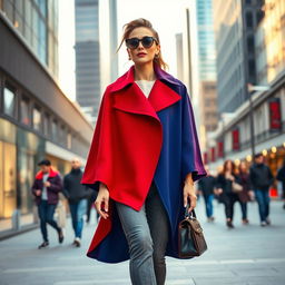 A fashionable woman wearing a stylish cape coat, walking confidently down a modern city street