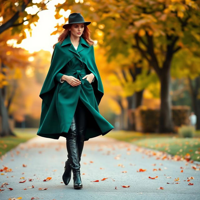 A fashionable woman wearing a beautiful cape coat, elegantly designed with flowing fabric and intricate details