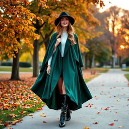 A fashionable woman wearing a beautiful cape coat, elegantly designed with flowing fabric and intricate details