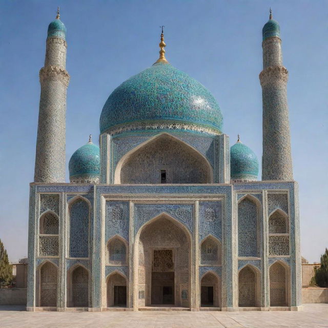 An intricately designed Iranian mosque with traditional architecture, including a magnificent dome, slender minarets and exquisite tilework