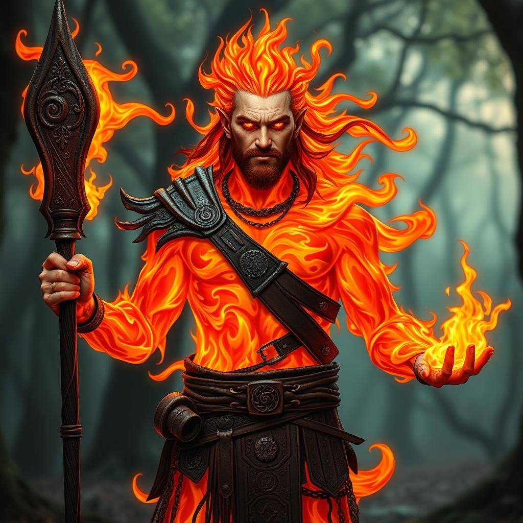 A male humanoid fire elemental druid with a body made of vibrant, swirling flames, radiating hues of red, orange, and yellow