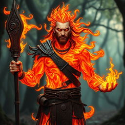 A male humanoid fire elemental druid with a body made of vibrant, swirling flames, radiating hues of red, orange, and yellow