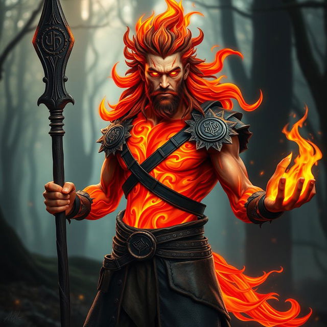 A male humanoid fire elemental druid with a body made of vibrant, swirling flames, radiating hues of red, orange, and yellow