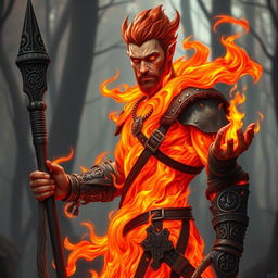 A male humanoid fire elemental druid with a body made of vibrant, swirling flames, radiating hues of red, orange, and yellow