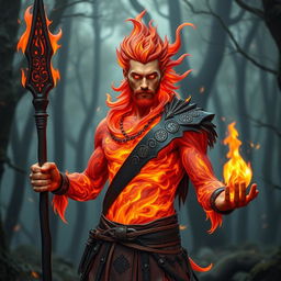 A male humanoid fire elemental druid with a body made of vibrant, swirling flames, radiating hues of red, orange, and yellow