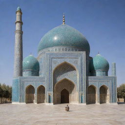 An intricately designed Iranian mosque with traditional architecture, including a magnificent dome, slender minarets and exquisite tilework