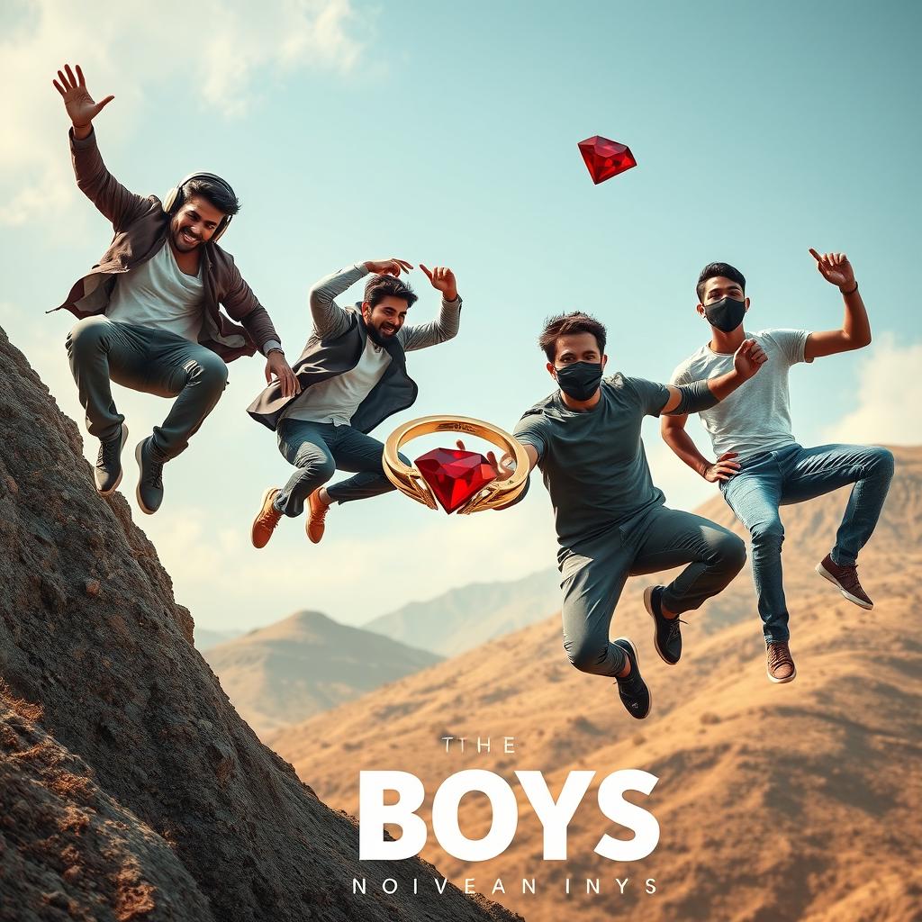 A cinematic funny close-up poster titled 'The Boys' showcasing three modern 27-year-old Indian men engaged in comical and daring exploits as they attempt to catch a small magical ring featuring a stunning red diamond