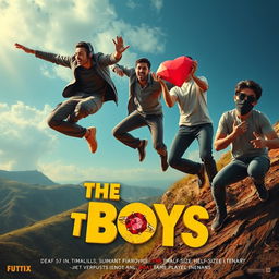 A cinematic funny close-up poster titled 'The Boys' showcasing three modern 27-year-old Indian men engaged in comical and daring exploits as they attempt to catch a small magical ring featuring a stunning red diamond