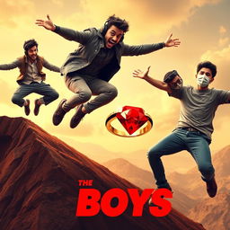 A cinematic funny close-up poster titled 'The Boys' showcasing three modern 27-year-old Indian men engaged in comical and daring exploits as they attempt to catch a small magical ring featuring a stunning red diamond