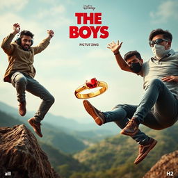 A cinematic funny close-up poster titled 'The Boys' showcasing three modern 27-year-old Indian men engaged in comical and daring exploits as they attempt to catch a small magical ring featuring a stunning red diamond